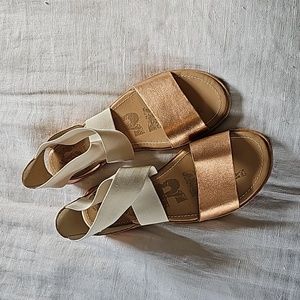 Sorel Ella natural rose gold leather and stretch fabric sandals
